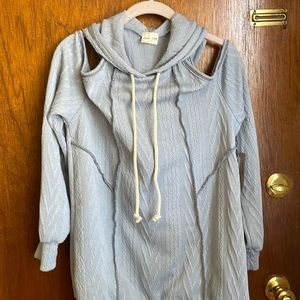 Light blue cold shoulder hooded chunky knit sweater L